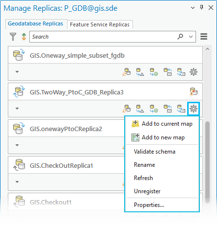 The options available for geodatabase replicas using the Options button