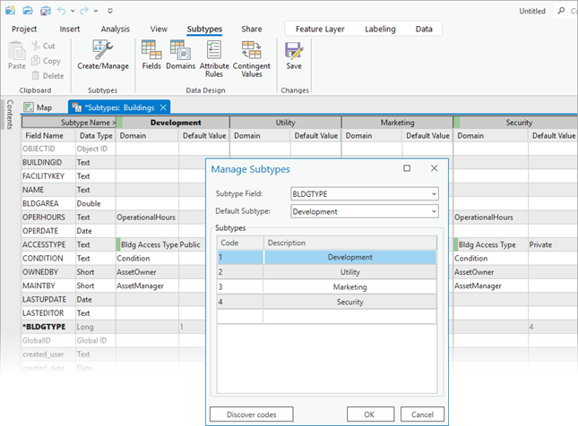 Creating subtypes on the BLDGTYPE field of the Buildings layer