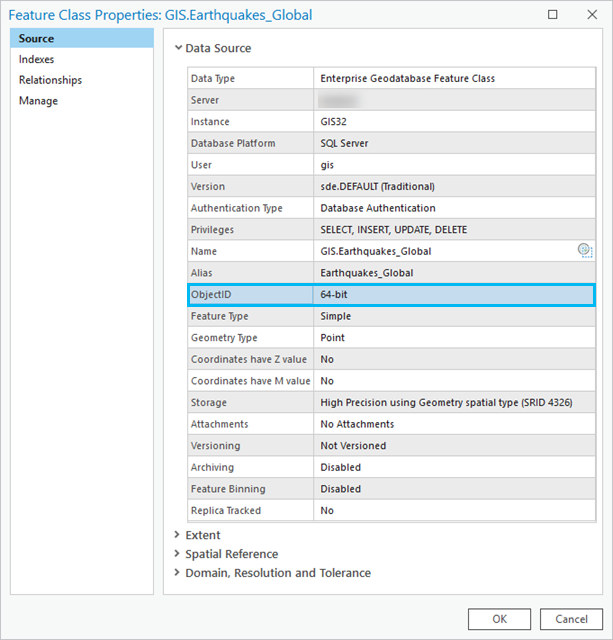 The supported object ID bit level for a feature class can be found in the feature class properties