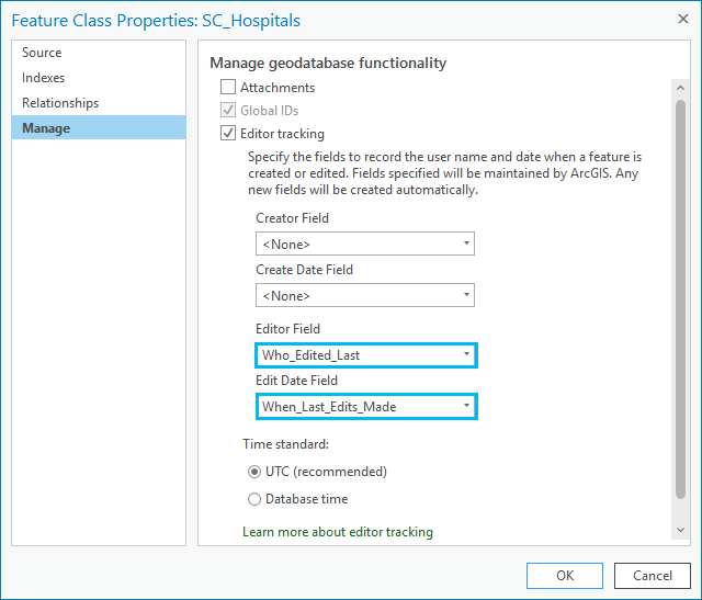 Customize fields used to store editor tracking information when editor tracking has been enabled