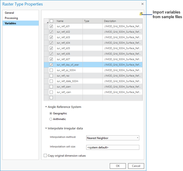 Raster Type Properties dialog box with list of variables selected