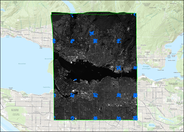 Tie points distributed on satellite imagery