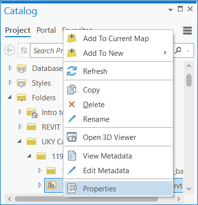 Properties option on the context menu in the Catalog pane