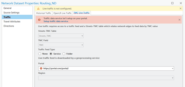 Network Dataset Properties dialog box for Routing_ND showing TMC Live Traffic settings