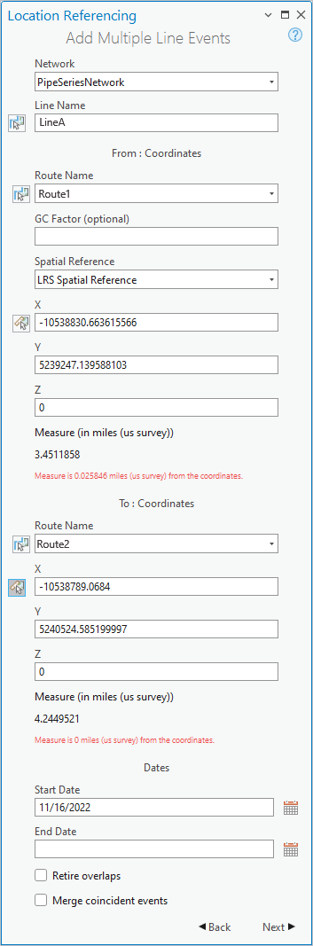 Add Multiple Line Events pane with Coordinates method