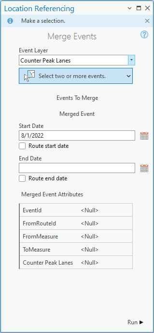 Merge Events pane before event selection