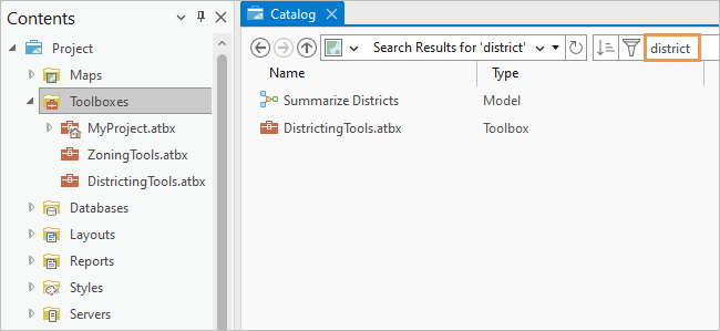 Search results in the catalog view for a search restricted to project toolboxes