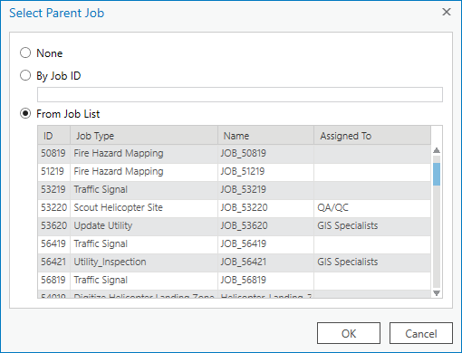 Select Parent Job dialog box