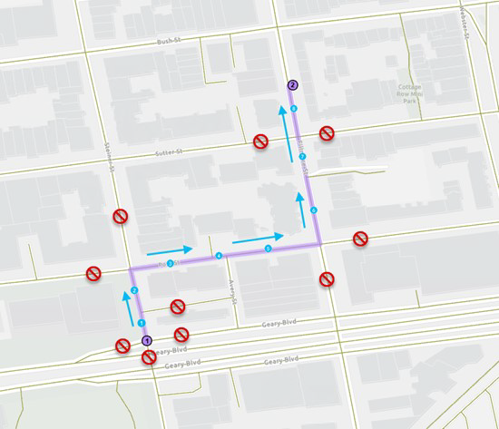 Streets considered for best shortest path are indicated on the map.