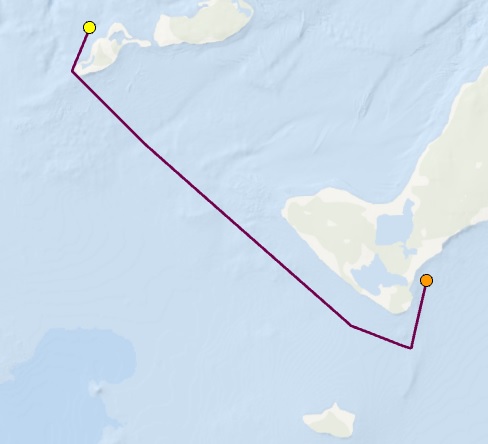 Shortest water distance to travel between two points