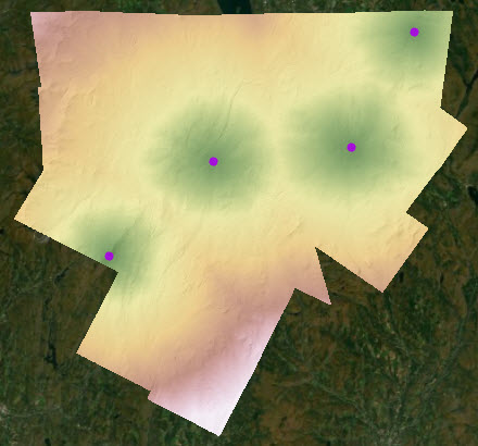 Map of accumulative cost distance calculated from four points