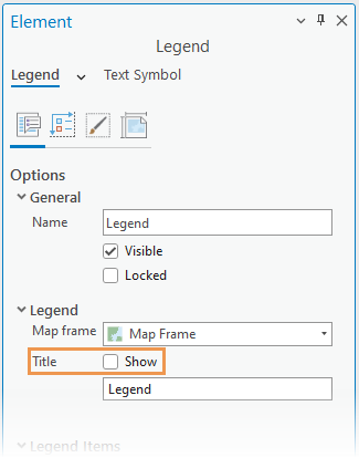 Legend properties with the Show check box unchecked to hide the title