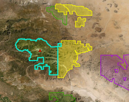 San Gorgonio Wilderness feature selected on the map.