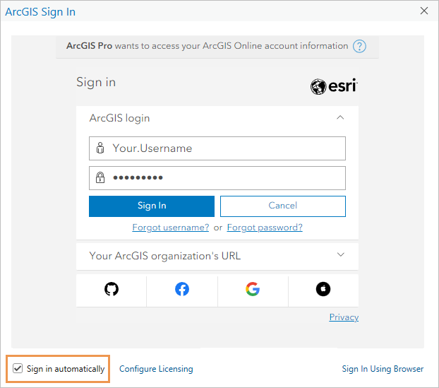 ArcGIS Sign In window