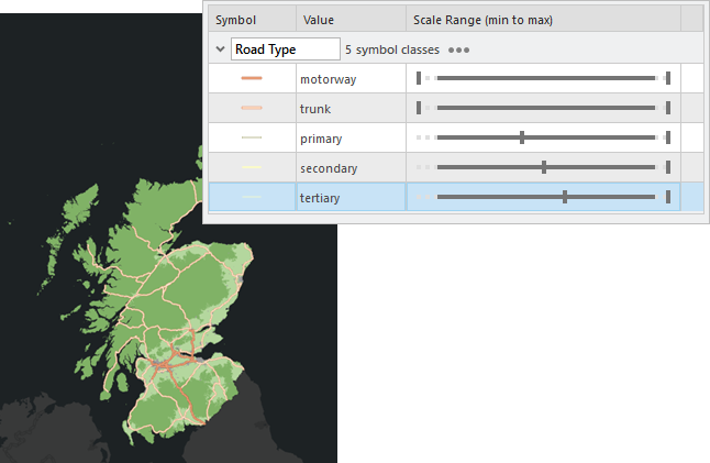 Scale range settings for symbol classes and updated map