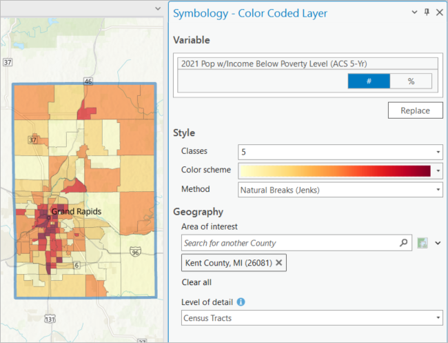 Map and Symbology pane for a color-coded layer