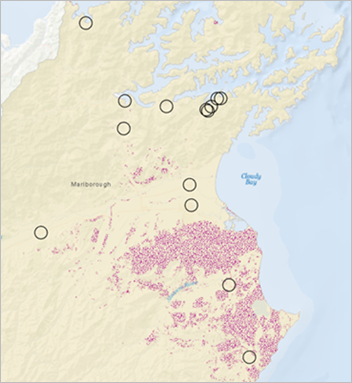 Map of campground buffers and Nassella tussock