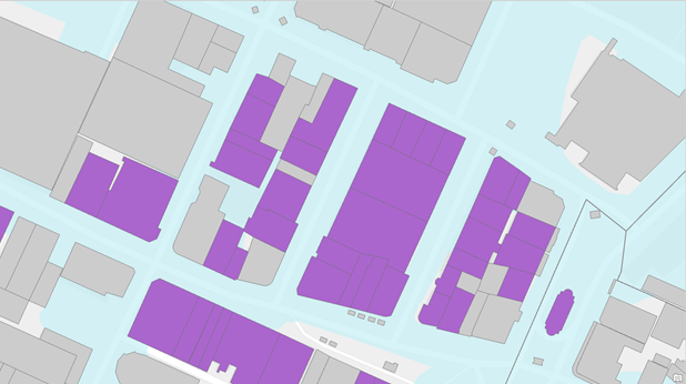 View of buildings and flood risk zone