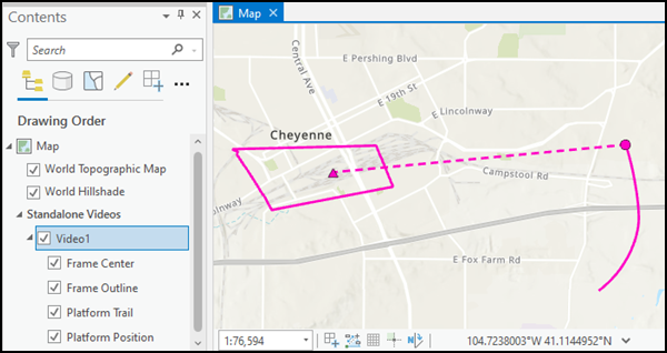 Video file and associated elements in the Contents pane and on the map