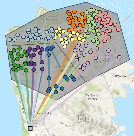 Orders that are serviced by a specific route are displayed in a matching color code