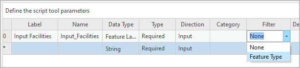 Select the Feature Type filter for the Input Facilities parameter.