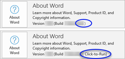 About Word indicates the installer type of your Microsoft Office products