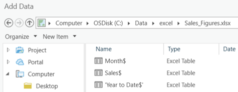 Excel worksheets on the Add Data dialog box