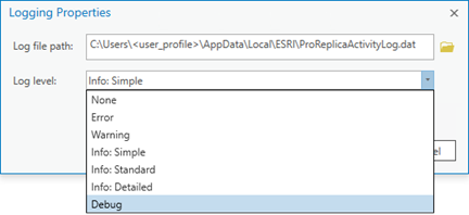 Log level options on the Logging Properties dialog box