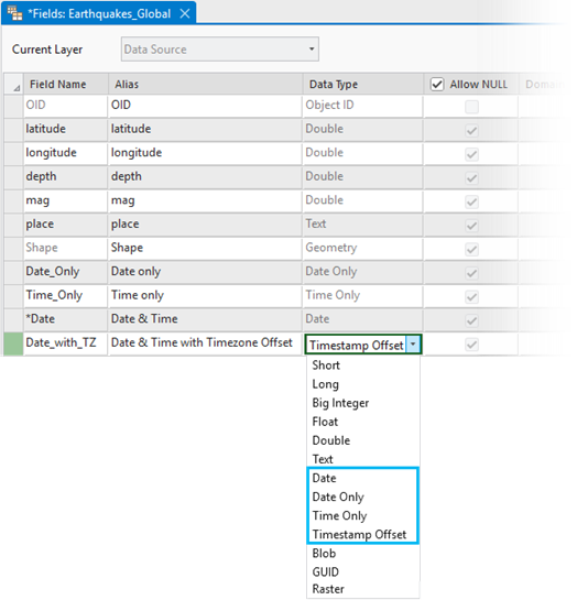 Date and time data type options available from the fields view