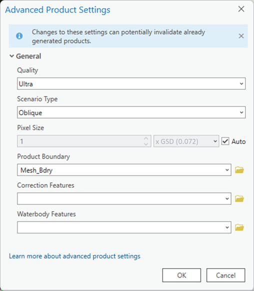 Advanced Product Settings window for oblique aerial data