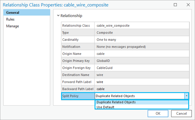 Relationship Class split policy drop-down options