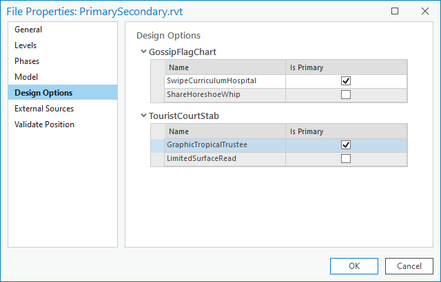 BIM File Properties Design Options user interface