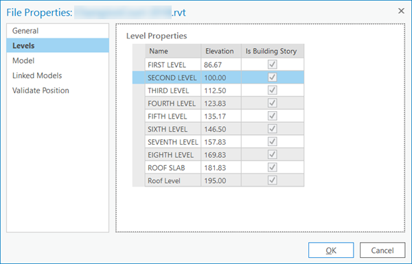 Levels tab for an RFT file