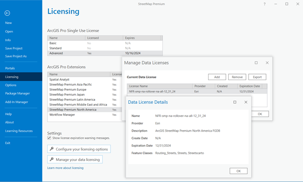 Manage Data Licenses pane showing the StreetMap Premium license file (*.sdlic)