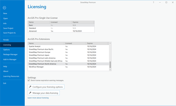 Licensing pane showing the ArcGIS Pro Extensions list for StreetMap Premium