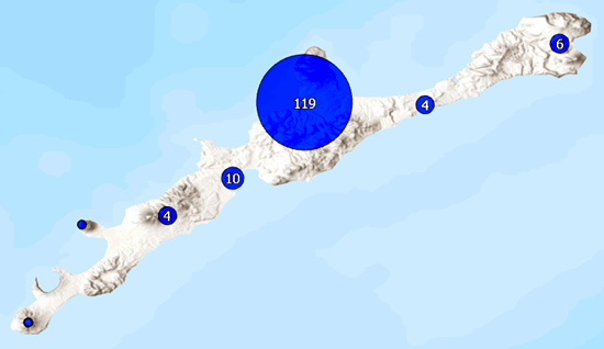 An example of one large cluster, a few small clusters, and two unclustered features on a map