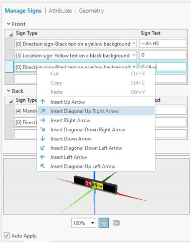 A list of direction choices in the Sign Text Field