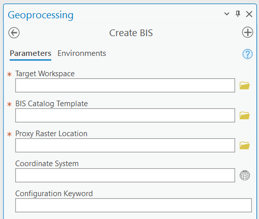 The Create BIS tool Parameters tab