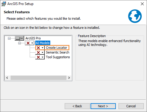 Select Features panel of ArcGIS Pro installation wizard with Create Locator AI model highlighted