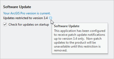 About ArcGIS Pro page showing software updates restricted to version 3.4