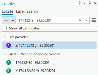 Locate pane showing candidate locations