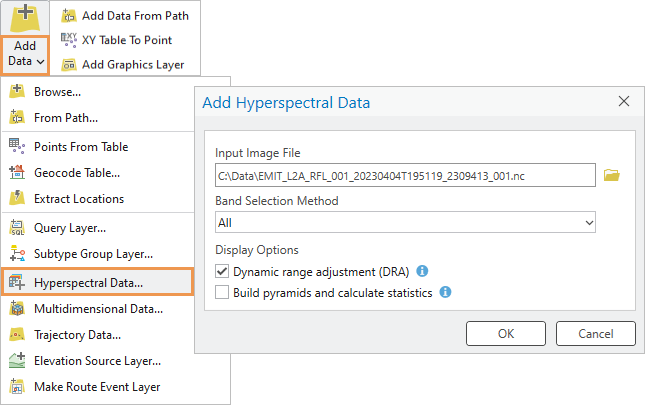 Add Data drop-down list and Add Hyperspectral Data dialog box