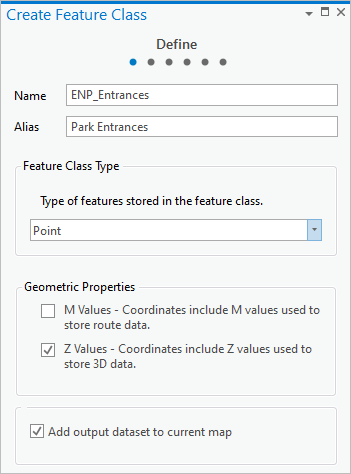 The Define page of the Create Feature Class pane