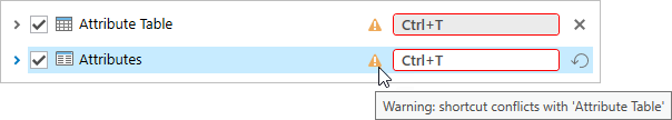 Warning icon with ScreenTip displayed next to a duplicate shortcut