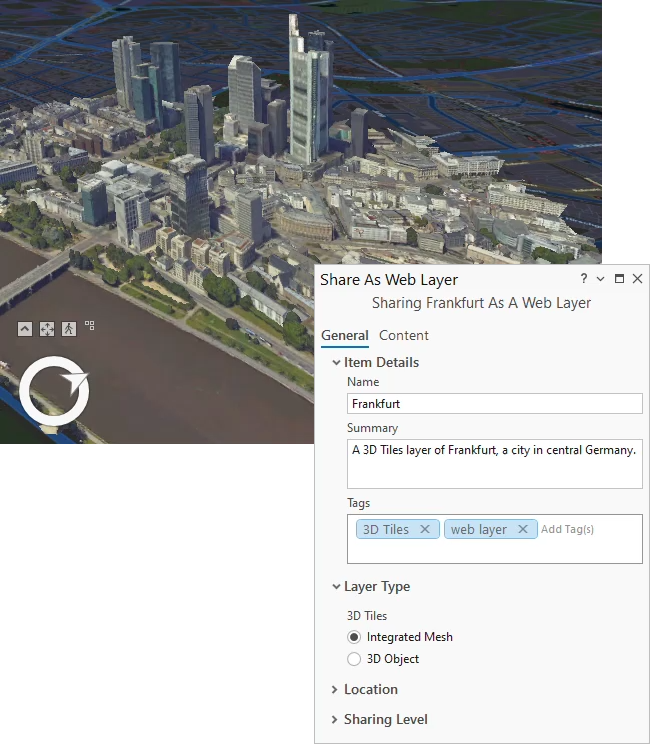 3D Tiles layer in a scene and the Share As Web Layer pane