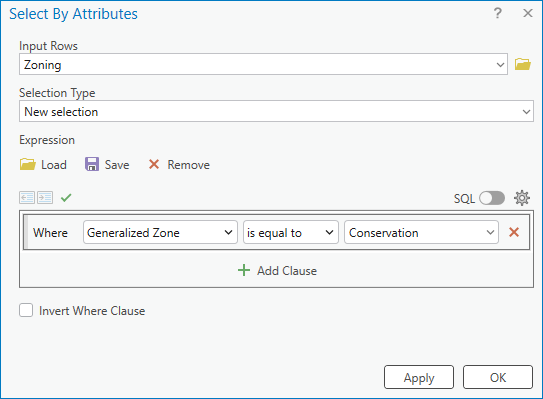 Select By Attributes window with completed expression