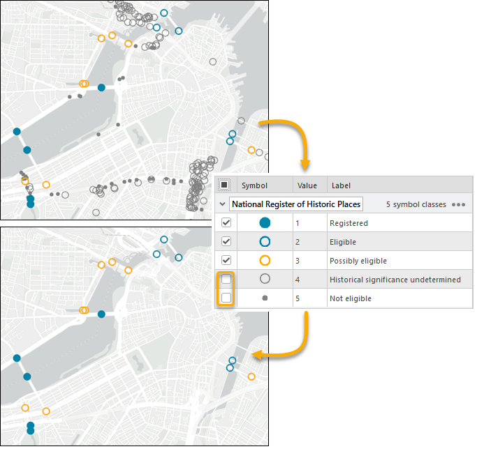 A map of bridges in Boston classified by historical significance followed by the same map with two of the five classes turned off and a portion of the Symbology pane with class visibility check boxes.