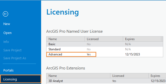 Licensing tab in ArcGIS Pro settings