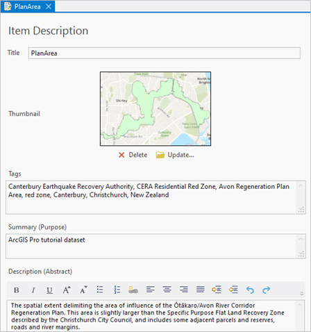 Metadata for the PlanArea feature class