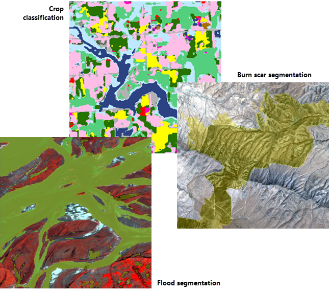 Result images from Prithvi models for crop classification, burn scar segmentation, and flood segmentation